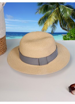 Wide Brim Summer Hat W/ Striped Pattern Trim